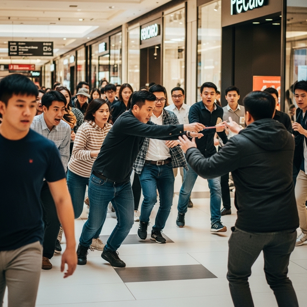 A chaotic mall prank in action (people running, surprised faces)