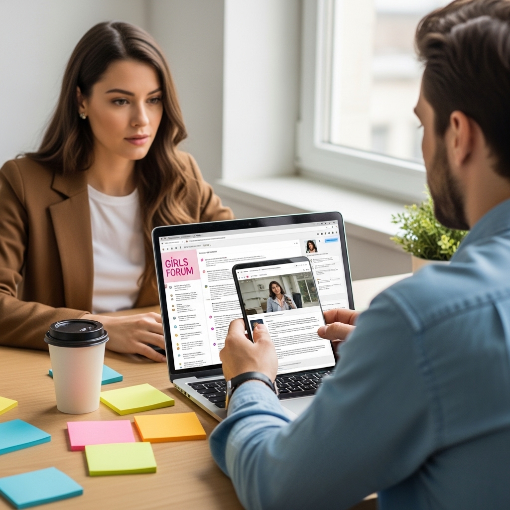 A female browsing a social media girls forum on her laptop and a cozy work atmosphere.