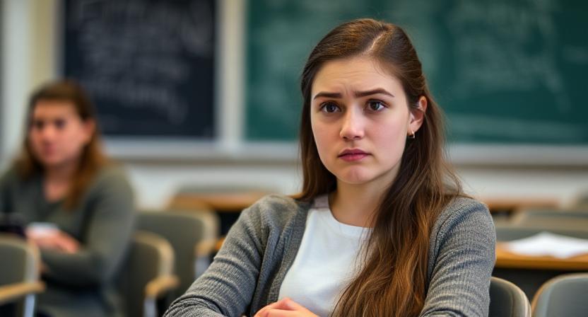 Anya Forger sitting in class with a confused expression.