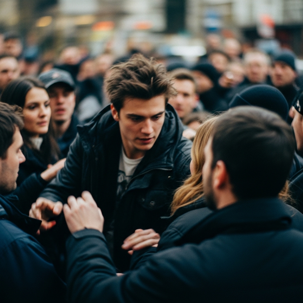 Blurred scene of tense public confrontation