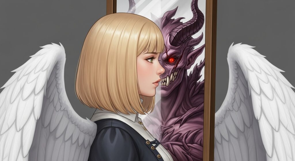 Falin sees a monster reflecting back in the mirror of Dungeon Meshi.