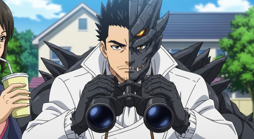 Manga-style illustration of Kafka Hibino partially transformed into a kaiju