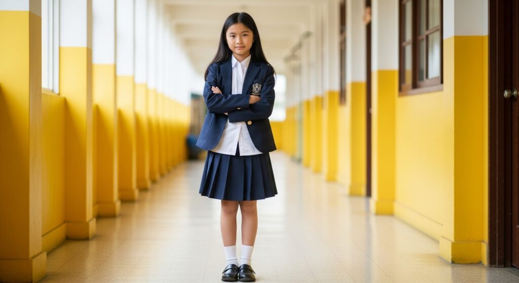 Momo Ayase looks uninterested in high school uniform.