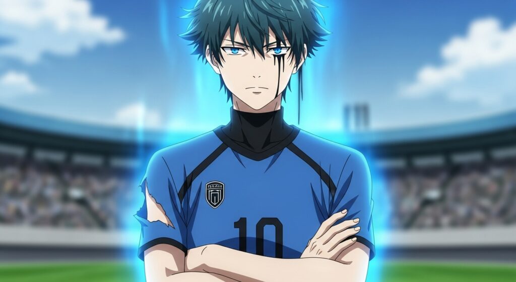 Image of Rin Itoshi with a torn Blue Lock jersey and holding a serious facial expression.