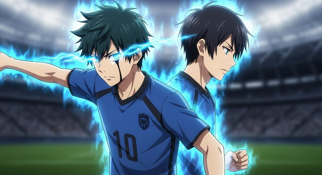 Rin Itoshi and Sae Itoshi back-to-back showcasing rivalry.