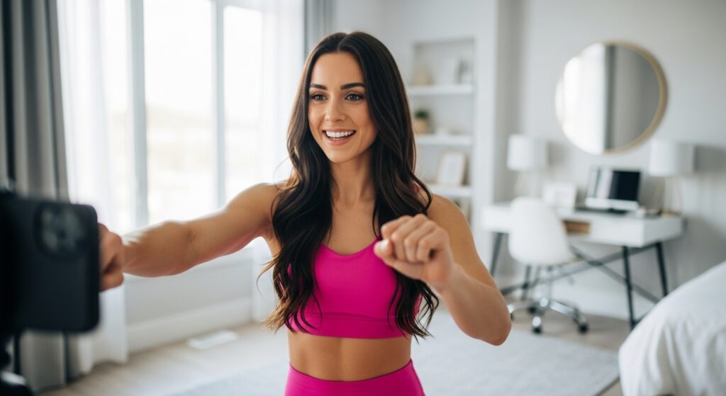 female fitness influencer with onlyfans filming at-home workout for exclusive content