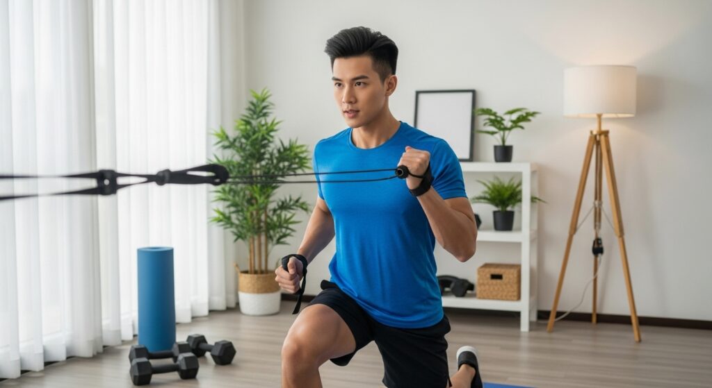 asian fitness influencer in workout gear doing abs routine at home