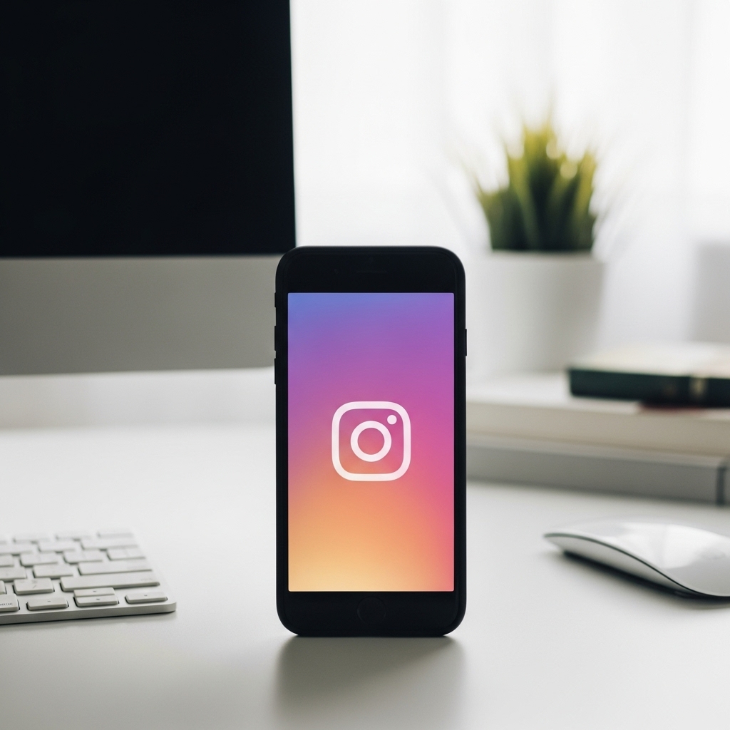 phone screen showing Instagram logo fading out on the clean work setup