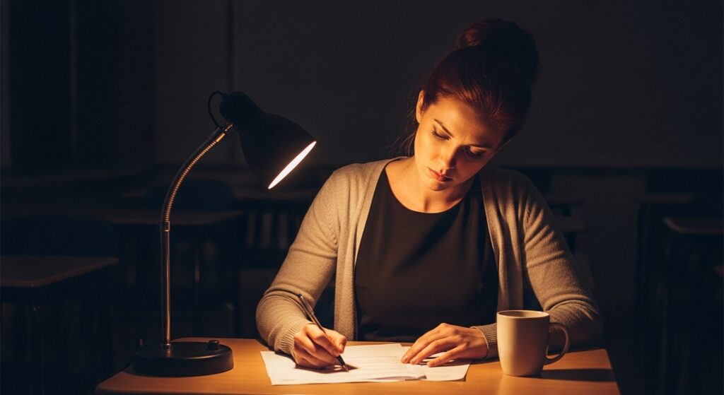A tired female teacher grading papers late at night with coffee beside her, classroom empty, dim lighting