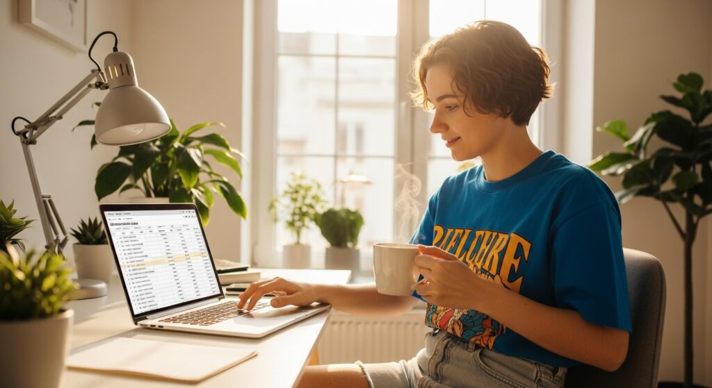 A creator calculating earnings with a laptop and coffee