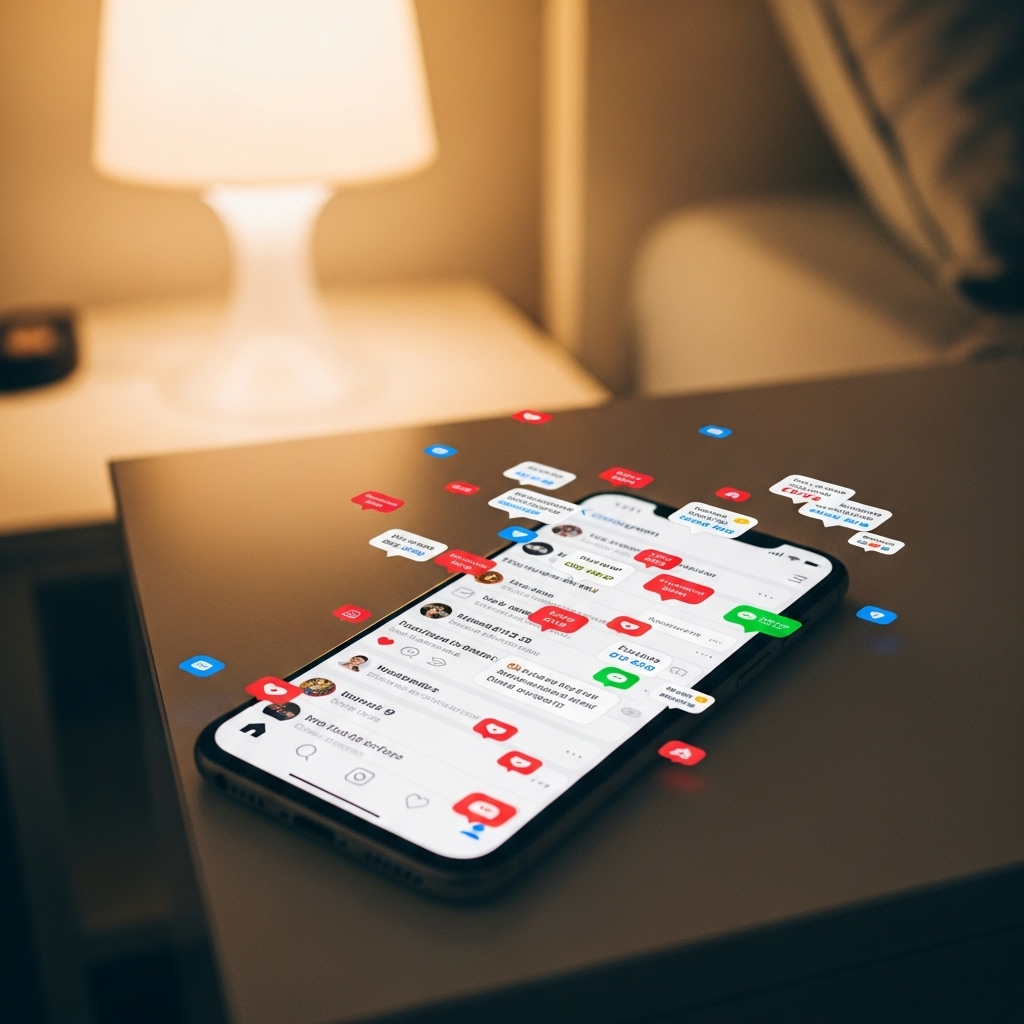 phone on nightstand with Instagram notifications piled up on screen