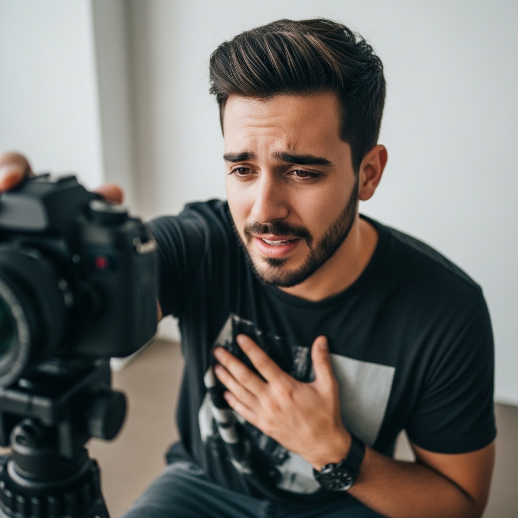 : Influencer on camera, looking remorseful; Alt text: "Influencer filming apology after backlash"