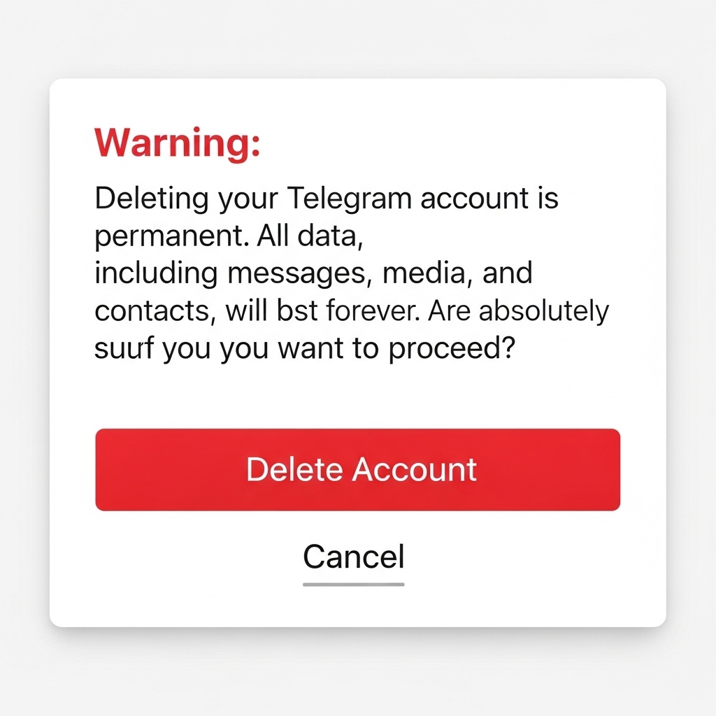 warning message popup about irreversible Telegram account deletion]
