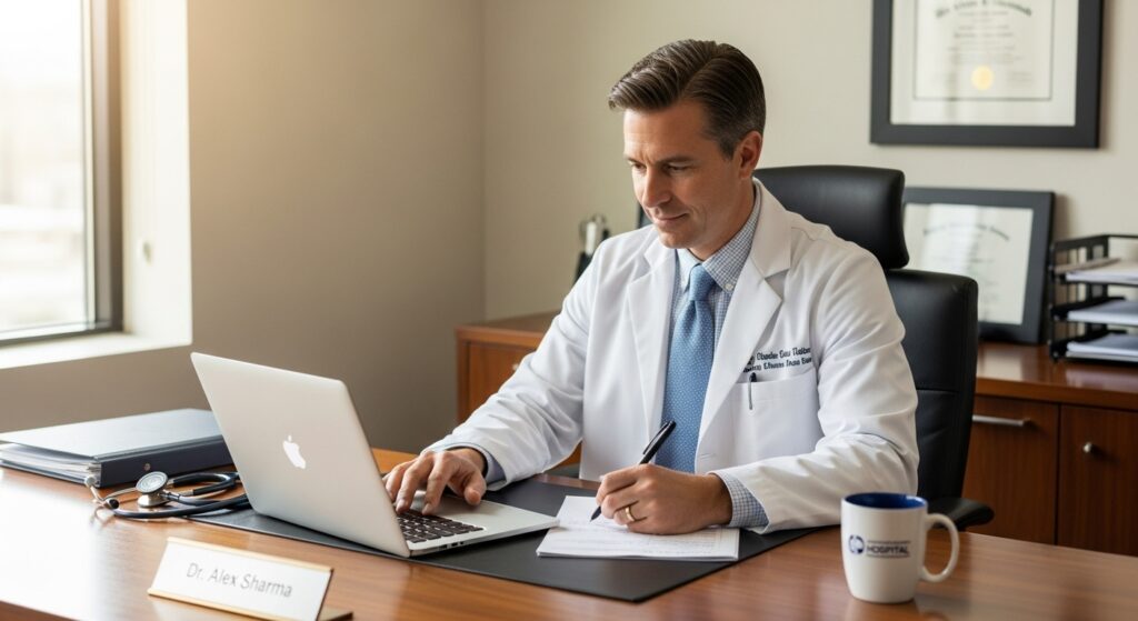 Doctor using handwritten notes and AI-generated medical certificate simultaneously.