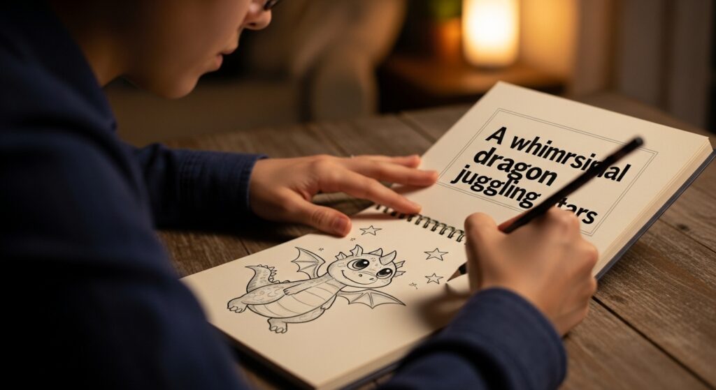 “Artist sketching ideas from a simple art prompts generator.”
