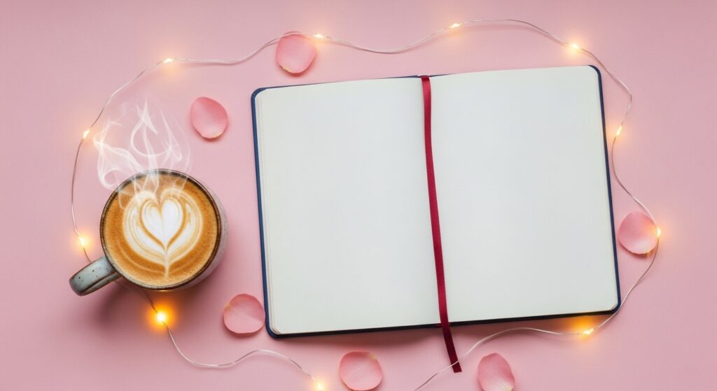 Flat lay of aesthetic journal setup with coffee and lights