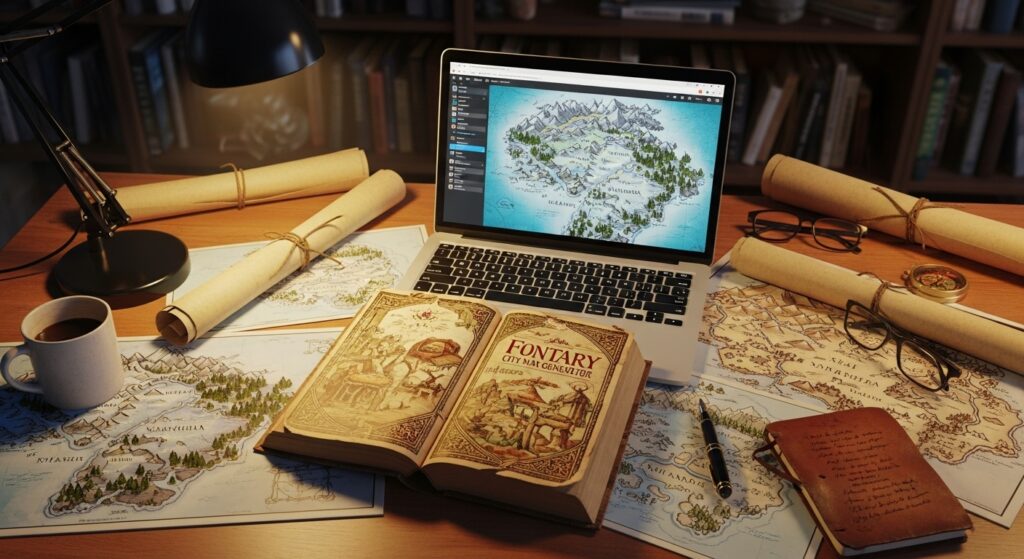A writer’s desk cluttered with hand-drawn maps, open fantasy books, and a laptop screen displaying a fantasy city name generator.