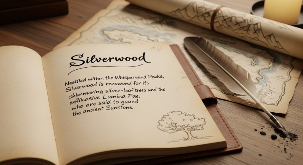 An open notebook with a fantasy city name written at the top, followed by a few handwritten lines of lore, with an old map and quill pen in the background.