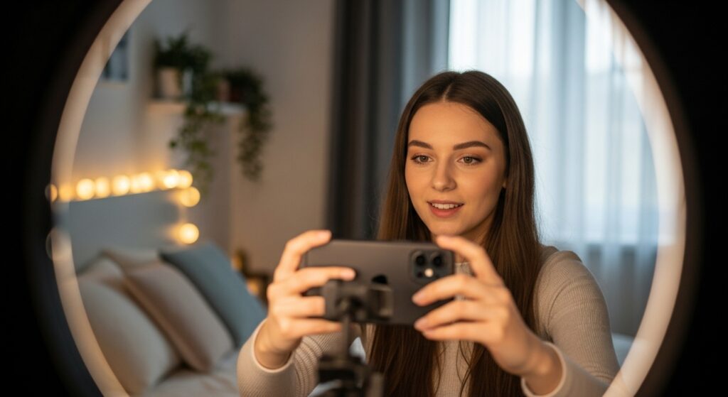 Girl recording content in cozy aesthetic room setup