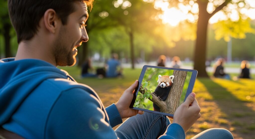 Tablet displaying name and image of randomly chosen animal.