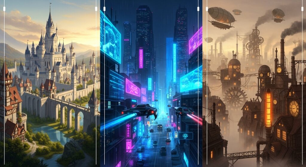 Split-screen artwork showing three contrasting cityscapes—a medieval fantasy castle city, a neon-lit cyberpunk metropolis, and a foggy steampunk industrial town
