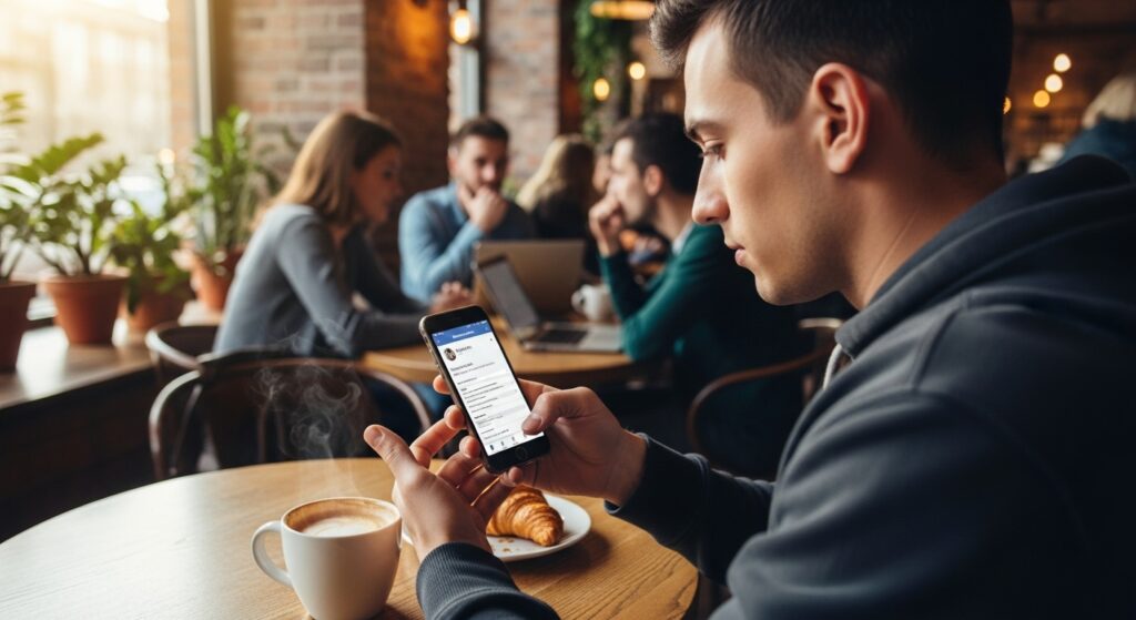 Boy typing new Facebook bio on laptop in a cafe
