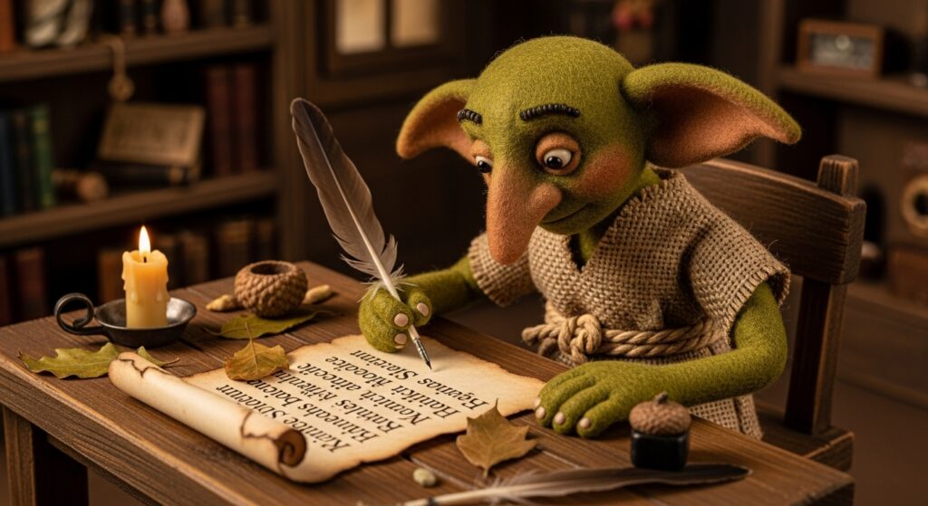 Unreadable hand of goblin writing names on a scroll)