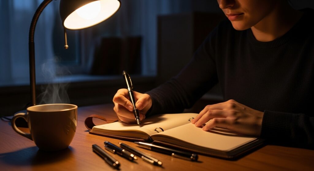 "adult male working on an evening journal by lamp light, warm mood for character matching based on Sanrio"
