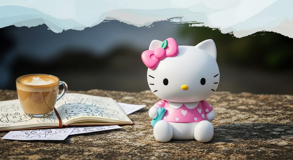 male‑style sketchbook next to coffee, creative evening mood matching Sanrio character