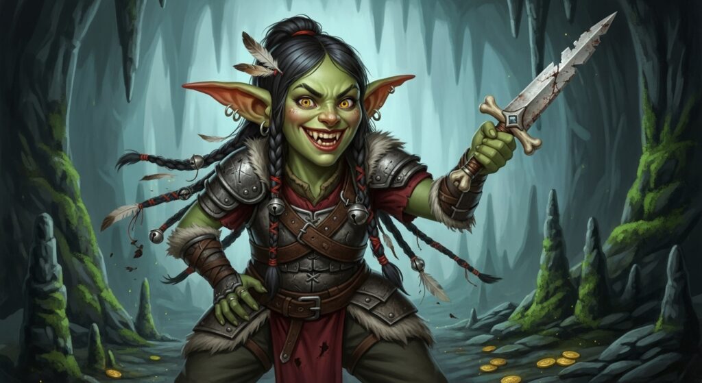 Goblin girl with a sly smile and dagger in hand")