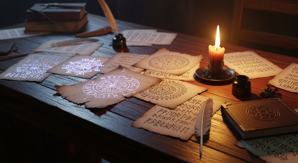 (Image idea: A dark wooden desk with numerous runes in the form of parchment paper spread upon it and a candle that is flickering beside the papers. Alt text: "Fantasy witch names written in runic parchment under candlelight.")