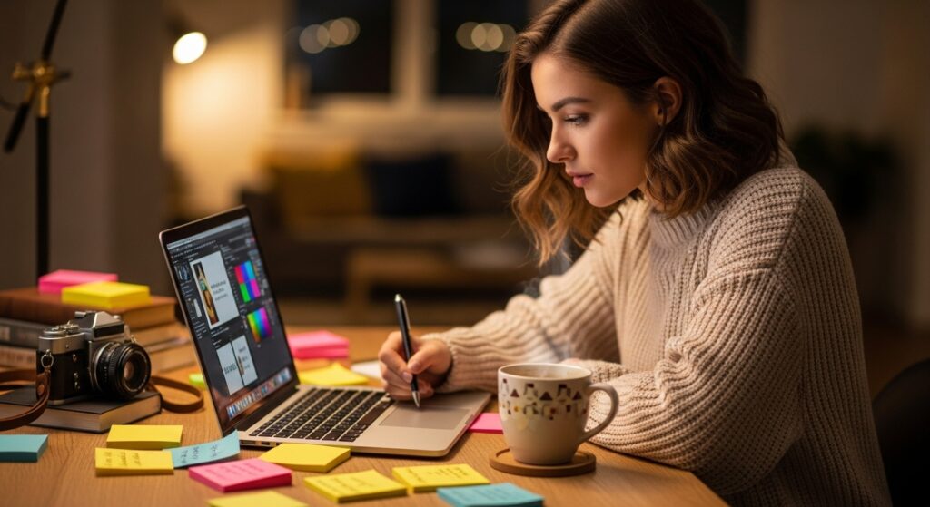 Influencer planning brand deals with laptop and coffee.