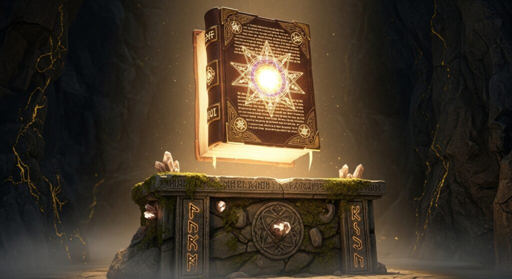 "Magical ancient book shining with mystic symbols.")