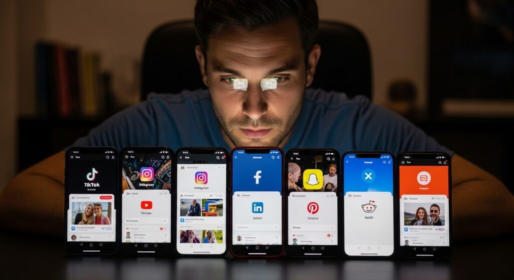 Man comparing engagement across social media platforms