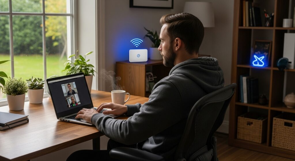Man working online on laptop using mobile data connection."