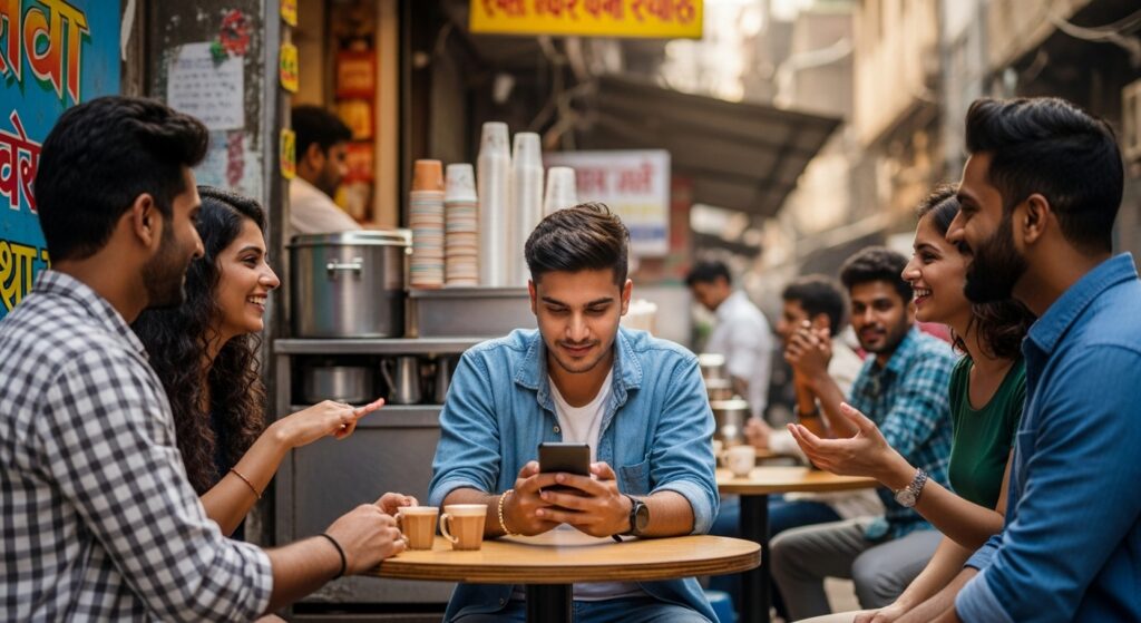 Man accessing WhatsApp on mobile with Telenor network at a local café.