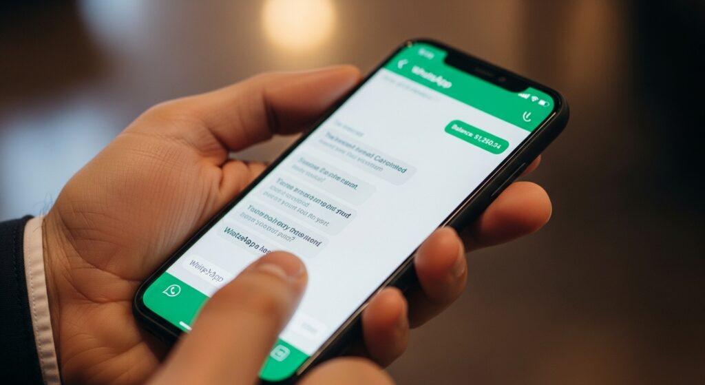 Phone screen showing WhatsApp chat with Telenor balance update. Phone screen showing WhatsApp chat with Telenor balance update.